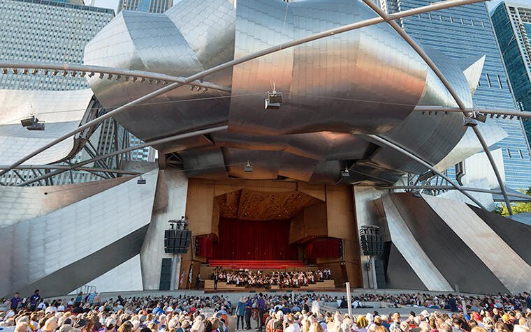 Audience and orchestra at the Jay Pritzker Pavilion