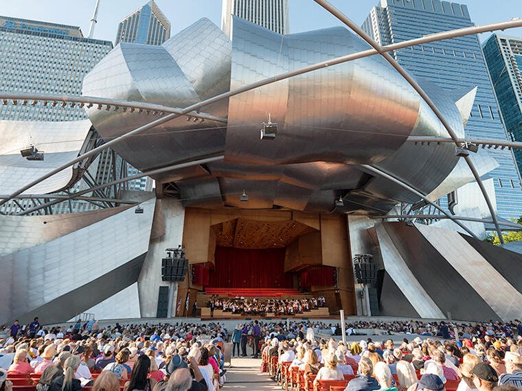 Audience and orchestra at the Jay Pritzker Pavilion