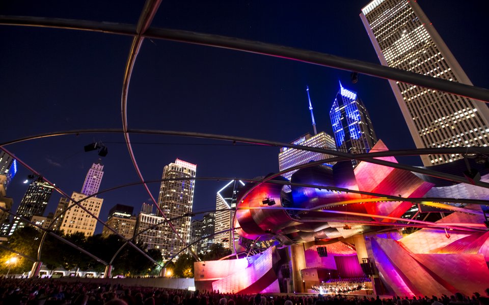 Jay Pritzker Pavilion concert at night