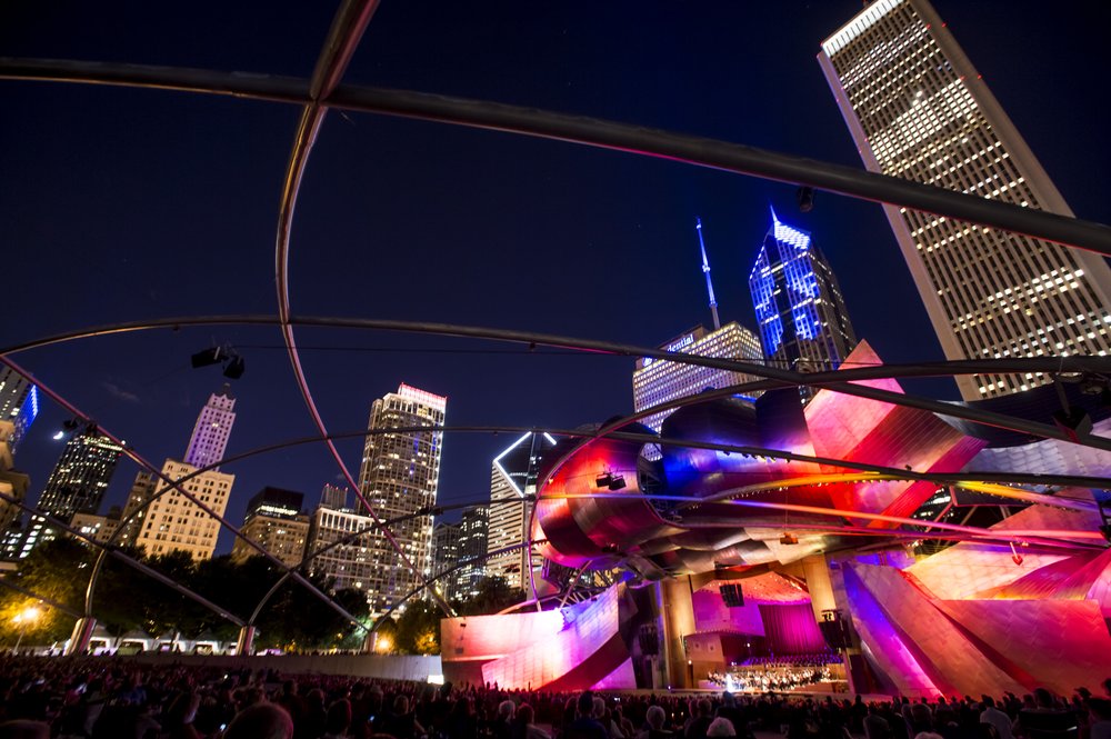 Jay Pritzker Pavilion concert at night