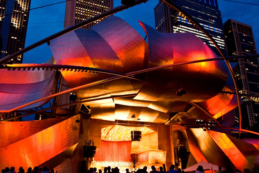 Thrilling colors reflecting from the petals of Jay Pritzker Pavilion from the Great Lawn, Frank Gehry, architect