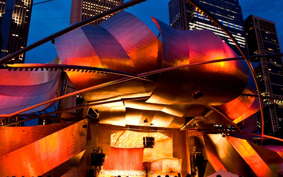 Thrilling colors reflecting from the petals of Jay Pritzker Pavilion from the Great Lawn, Frank Gehry, architect